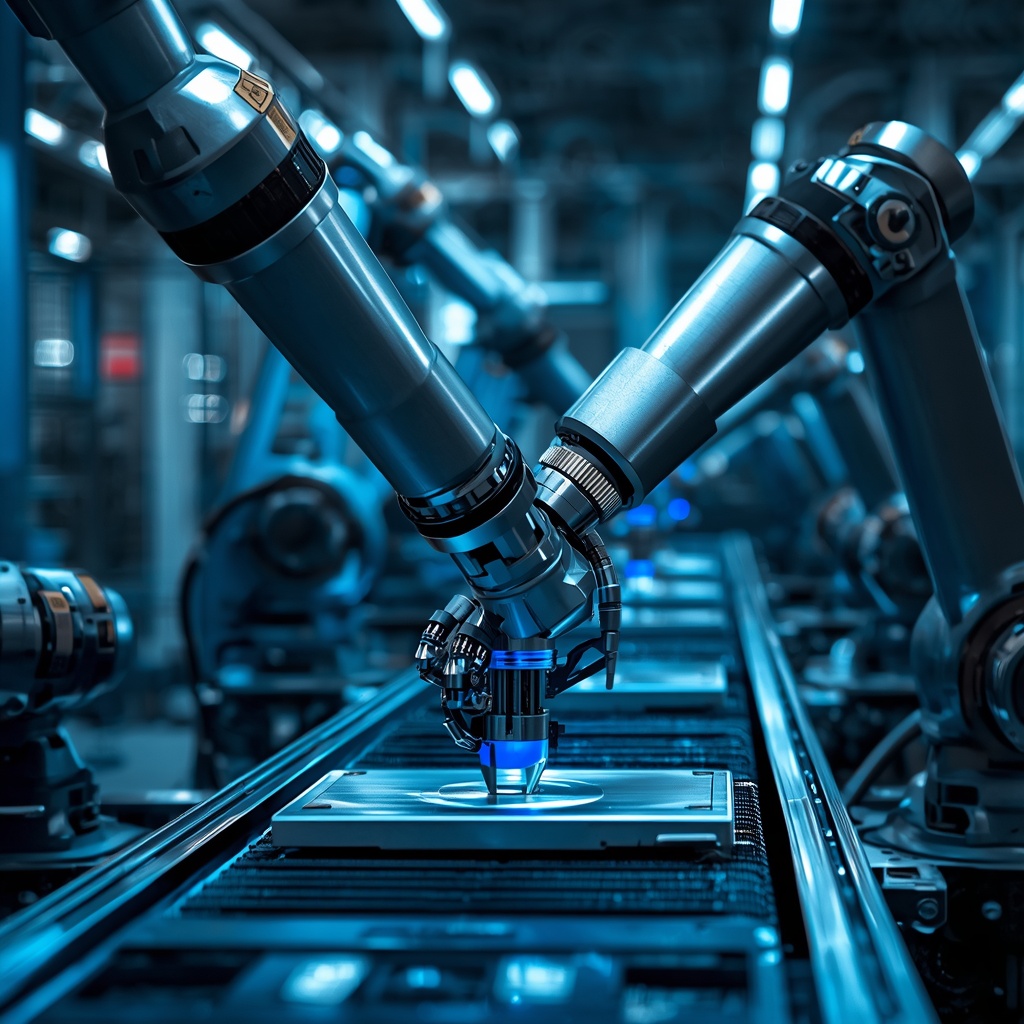Advanced industrial robotic arms performing precision assembly on a modern automated production line, sleek metallic finish, blue LED ambient lighting, photorealistic cinematic industrial photography, high detail